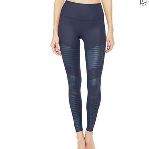 ALO Yoga Midnight Blue navy moto satin mixed fabric high waisted leggings small